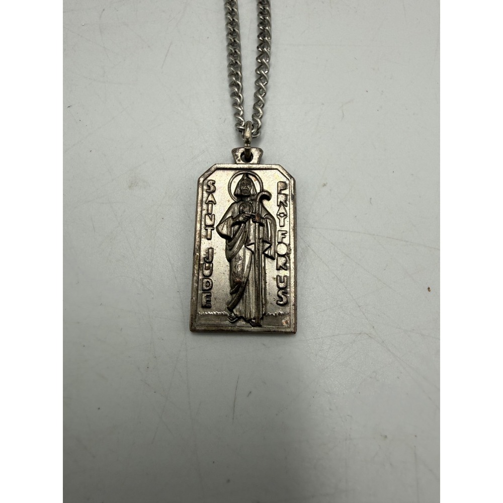 Saint Jude Pray For Us Religious Medal Pendant Necklace Silver Tone Curb Chain